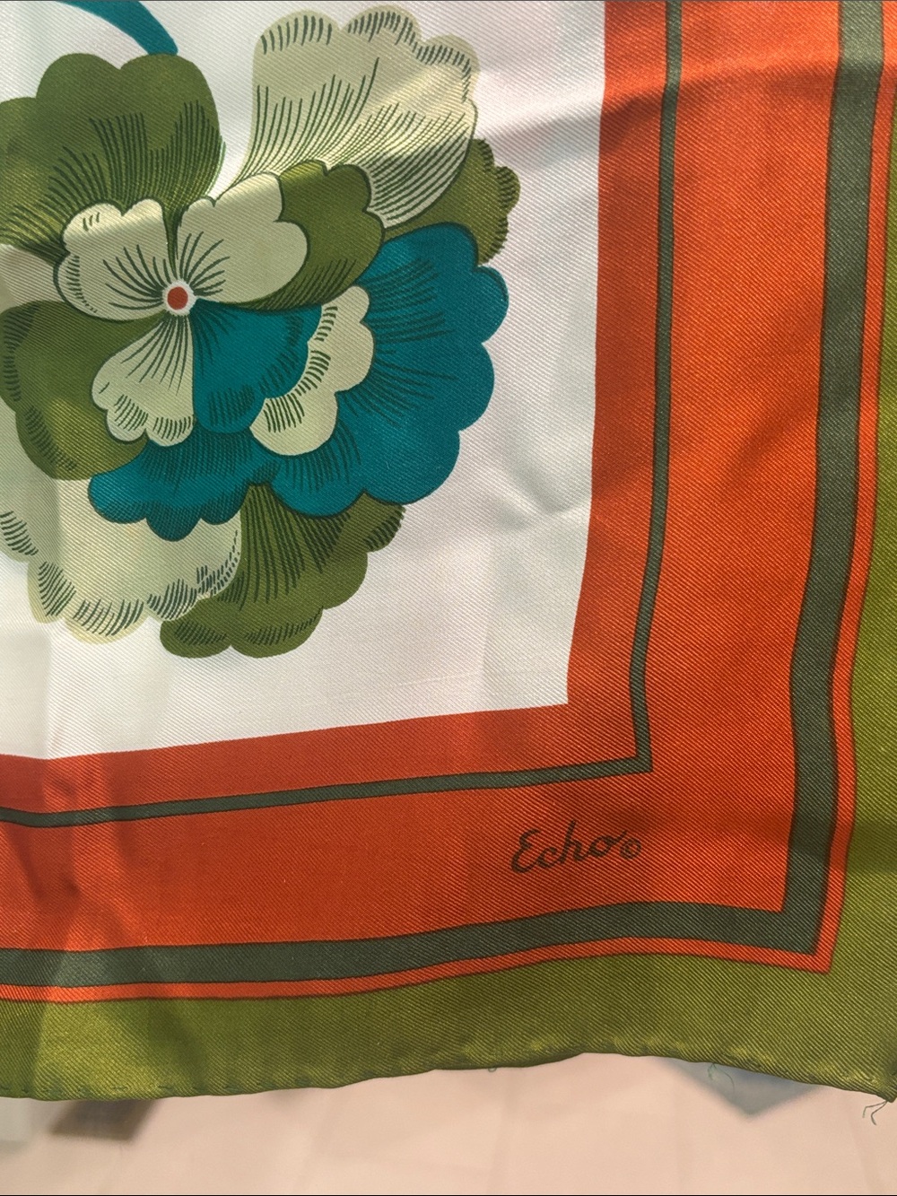 Echo Floral Print Silk Scarf in Orange, Green, Teal, Cream